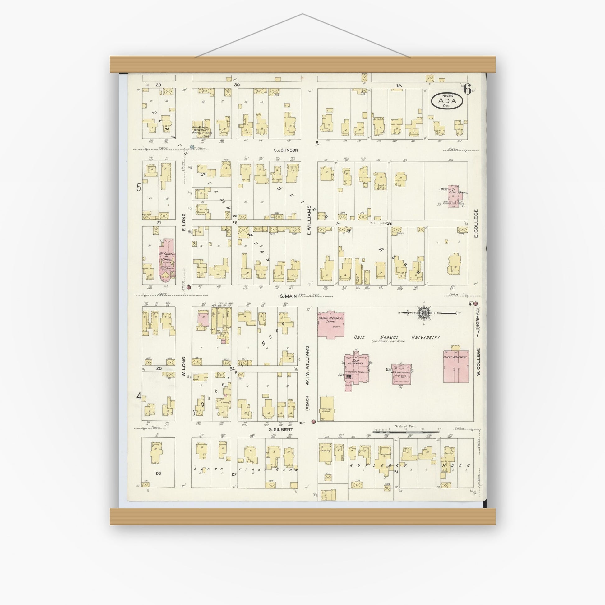 Old map wall art mockup — magnetic wood frame on white wall — Sanborn Fire Insurance Map from Ada, Hardin County, Ohio (1910), Sheet #0006