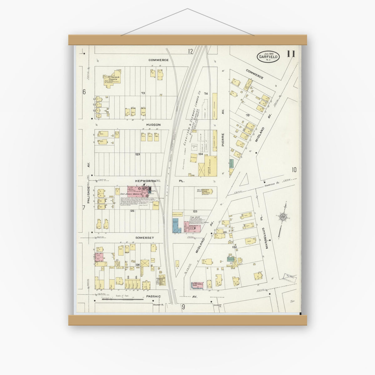 Old map wall art mockup — magnetic wood frame on white wall — Sanborn Fire Insurance Map from Garfield, Bergen County, New Jersey (1910), Sheet #0011