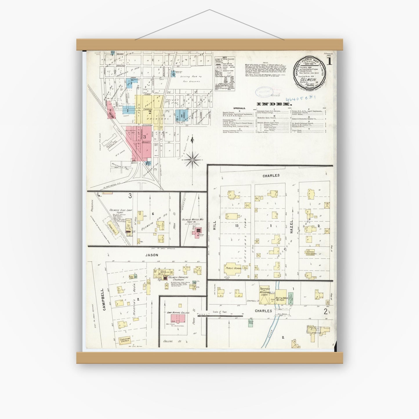 Old map wall art mockup — magnetic wood frame on white wall — Sanborn Fire Insurance Map from Oelwein, Fayette County, Iowa (1897) â€” Complete Set