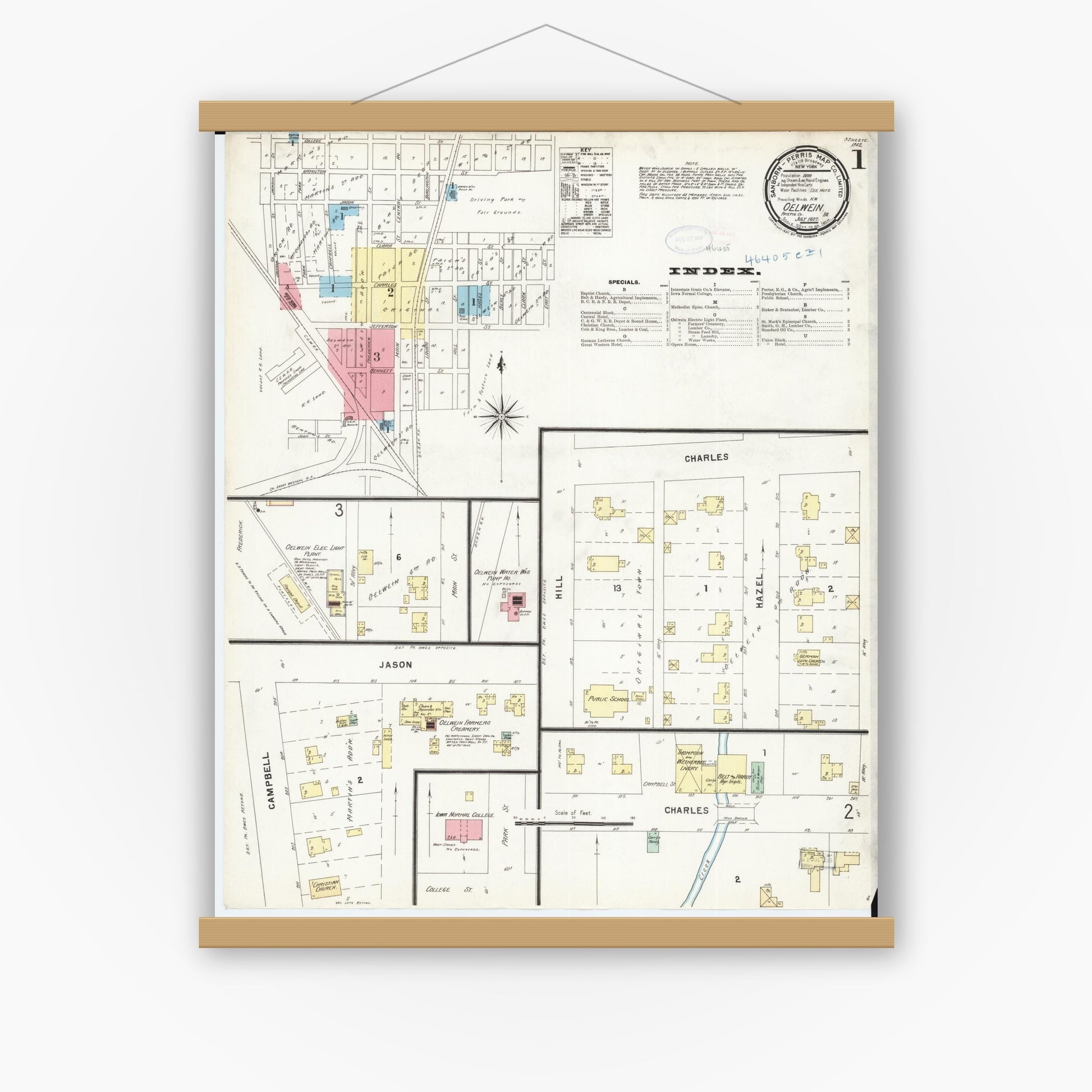 Old map wall art mockup — magnetic wood frame on white wall — Sanborn Fire Insurance Map from Oelwein, Fayette County, Iowa (1897) â€” Complete Set