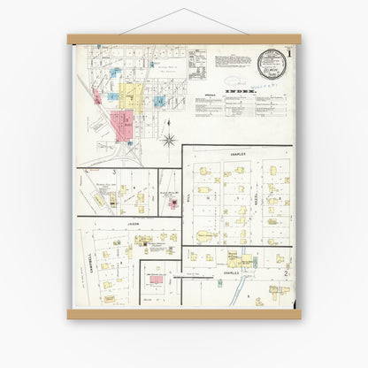 Old map wall art mockup — magnetic wood frame on white wall — Sanborn Fire Insurance Map from Oelwein, Fayette County, Iowa (1897) â€” Complete Set