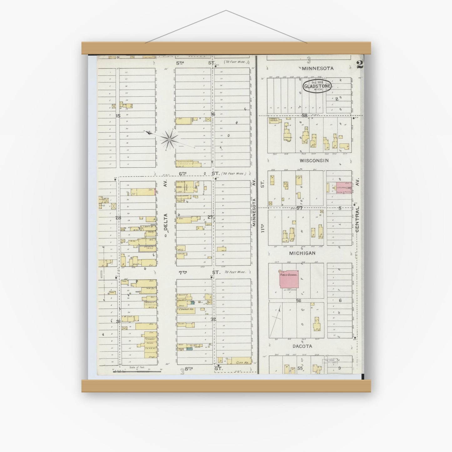 Old map wall art mockup — magnetic wood frame on white wall — Sanborn Fire Insurance Map from Gladstone, Delta County, Michigan (1893), Sheet #0002