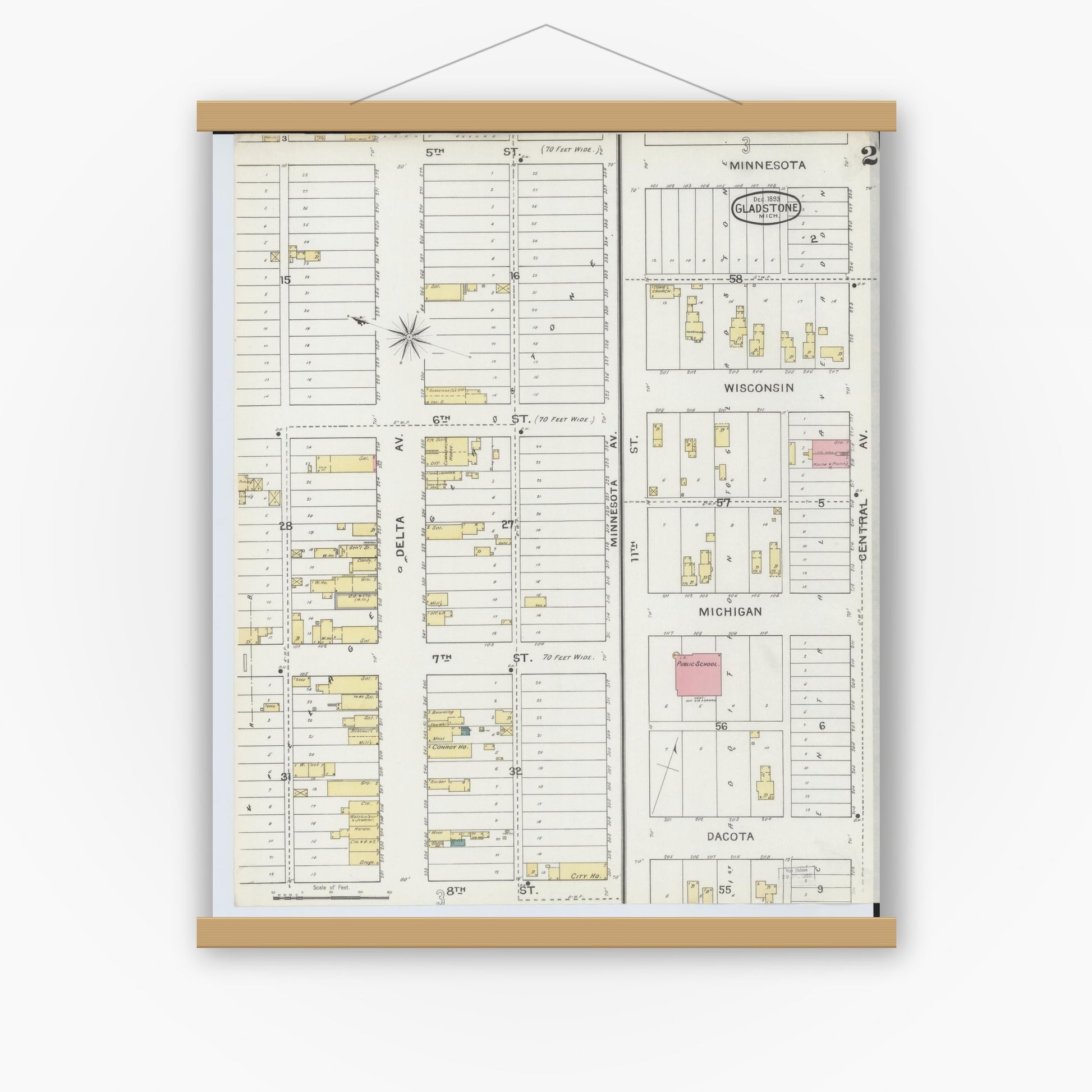 Old map wall art mockup — magnetic wood frame on white wall — Sanborn Fire Insurance Map from Gladstone, Delta County, Michigan (1893), Sheet #0002