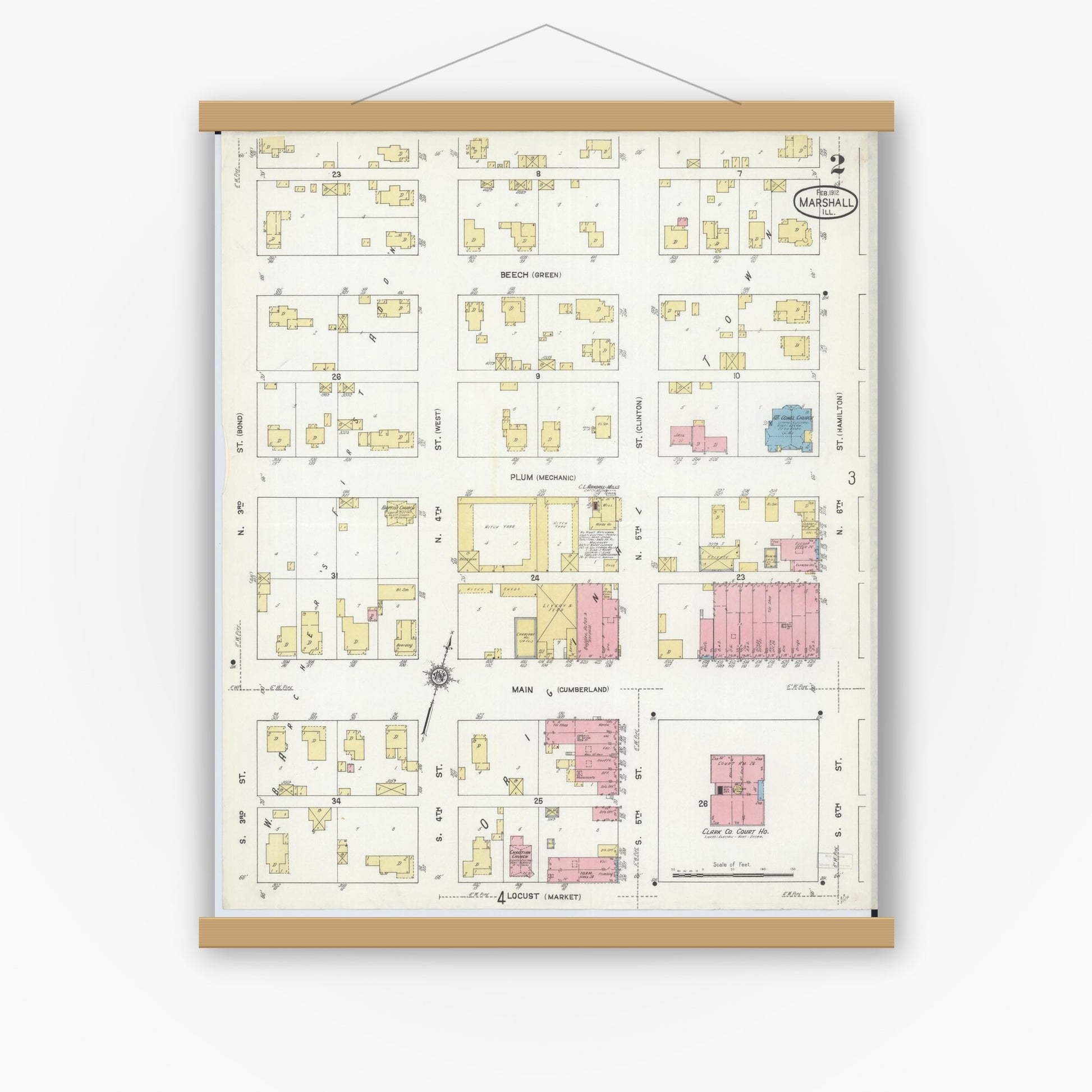 Old map wall art mockup — magnetic wood frame on white wall — Sanborn Fire Insurance Map from Marshall, Clark County, Illinois (1912), Sheet #0002