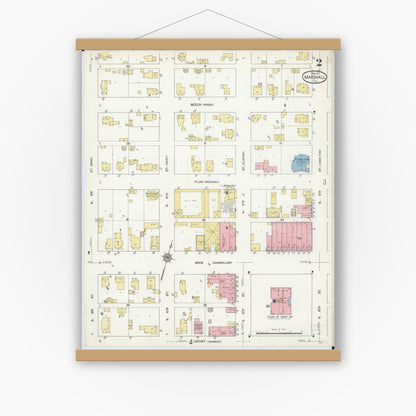 Old map wall art mockup — magnetic wood frame on white wall — Sanborn Fire Insurance Map from Marshall, Clark County, Illinois (1912), Sheet #0002