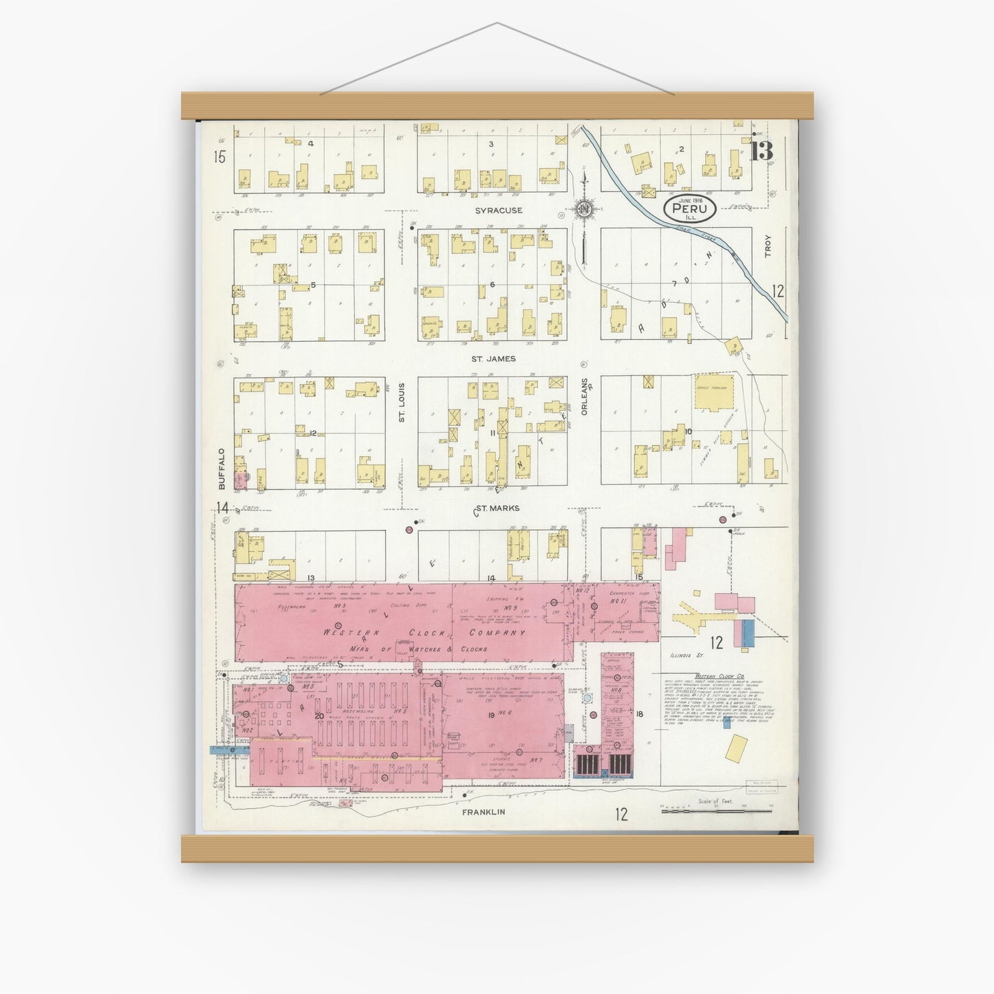 Old map wall art mockup — magnetic wood frame on white wall — Sanborn Fire Insurance Map from Peru, La Salle County, Illinois (1916), Sheet #0013