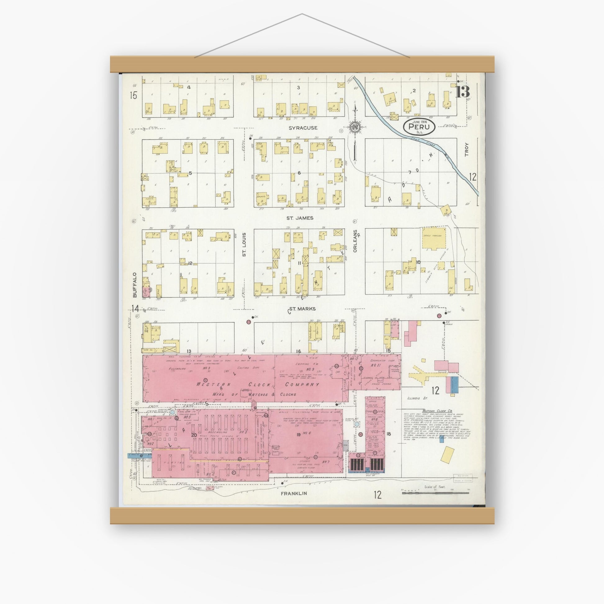 Old map wall art mockup — magnetic wood frame on white wall — Sanborn Fire Insurance Map from Peru, La Salle County, Illinois (1916), Sheet #0013