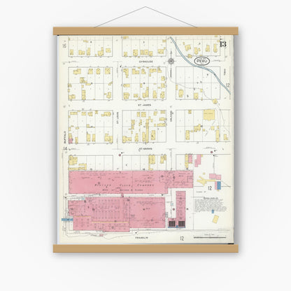 Old map wall art mockup — magnetic wood frame on white wall — Sanborn Fire Insurance Map from Peru, La Salle County, Illinois (1916), Sheet #0013