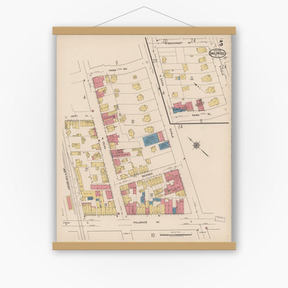 Old map wall art mockup — magnetic wood frame on white wall — Sanborn Fire Insurance Map from Englewood, Bergen County, New Jersey (1922), Sheet #0005