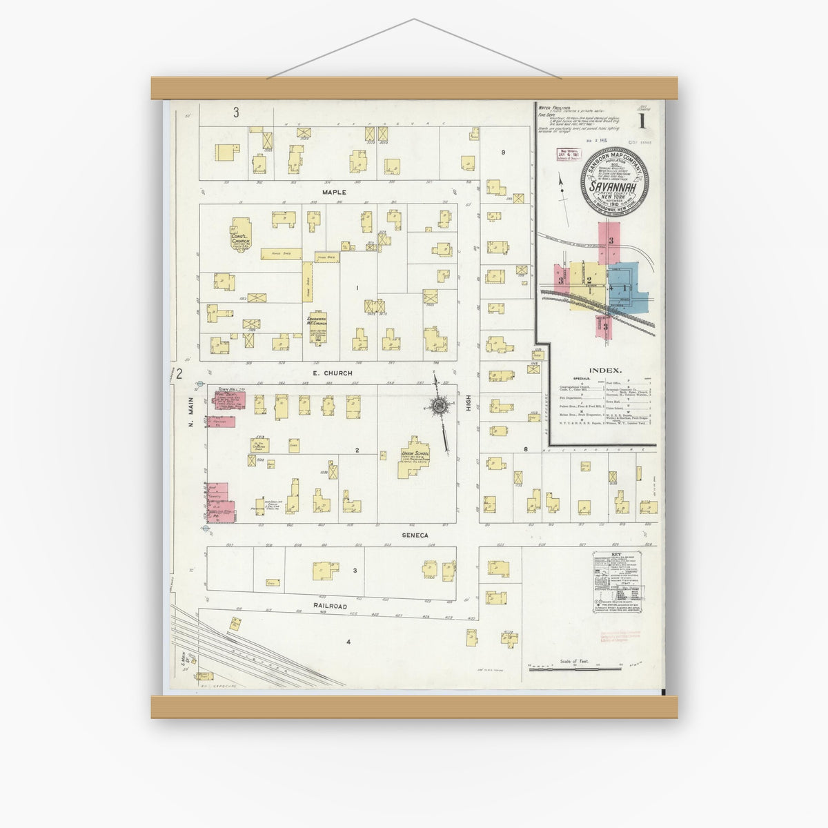 Old map wall art mockup — magnetic wood frame on white wall — Sanborn Fire Insurance Map from Savannah, Wayne County, New York (1910), Sheet #0001