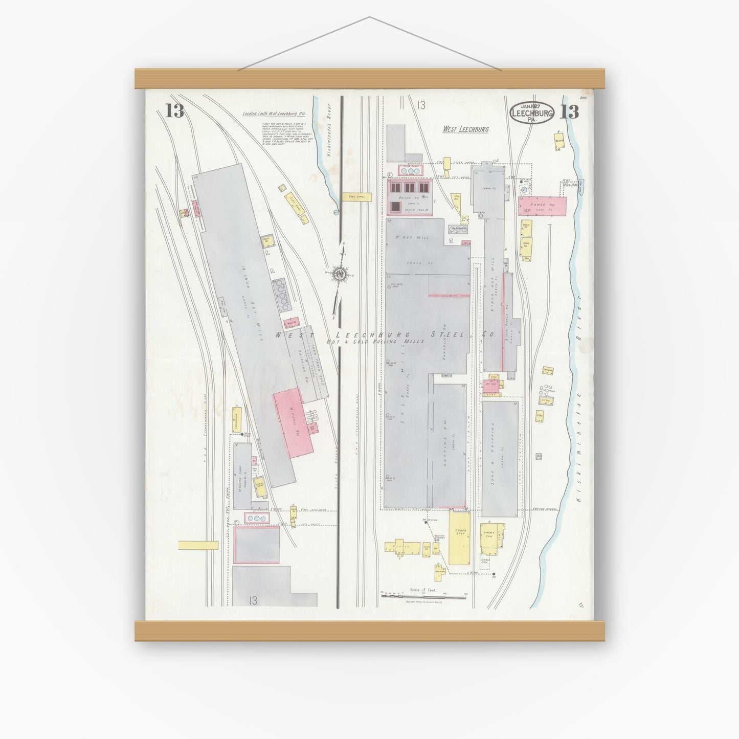 Old map wall art mockup — magnetic wood frame on white wall — Sanborn Fire Insurance Map from Leechburg, Armstrong County, Pennsylvania (1927), Sheet #0013