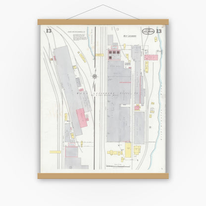 Old map wall art mockup — magnetic wood frame on white wall — Sanborn Fire Insurance Map from Leechburg, Armstrong County, Pennsylvania (1927), Sheet #0013