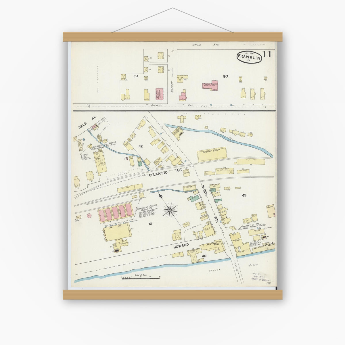 Old map wall art mockup — magnetic wood frame on white wall — Sanborn Fire Insurance Map from Franklin, Venango County, Pennsylvania (1891), Sheet #0011
