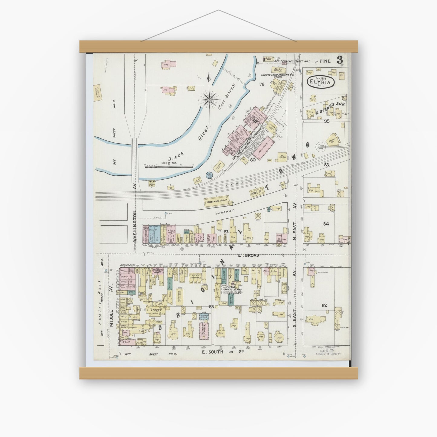 Old map wall art mockup — magnetic wood frame on white wall — Sanborn Fire Insurance Map from Elyria, Lorain County, Ohio (1888), Sheet #0003