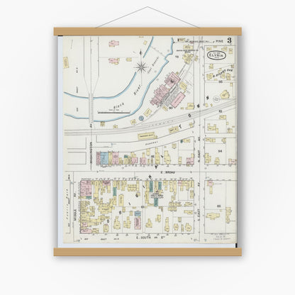 Old map wall art mockup — magnetic wood frame on white wall — Sanborn Fire Insurance Map from Elyria, Lorain County, Ohio (1888), Sheet #0003