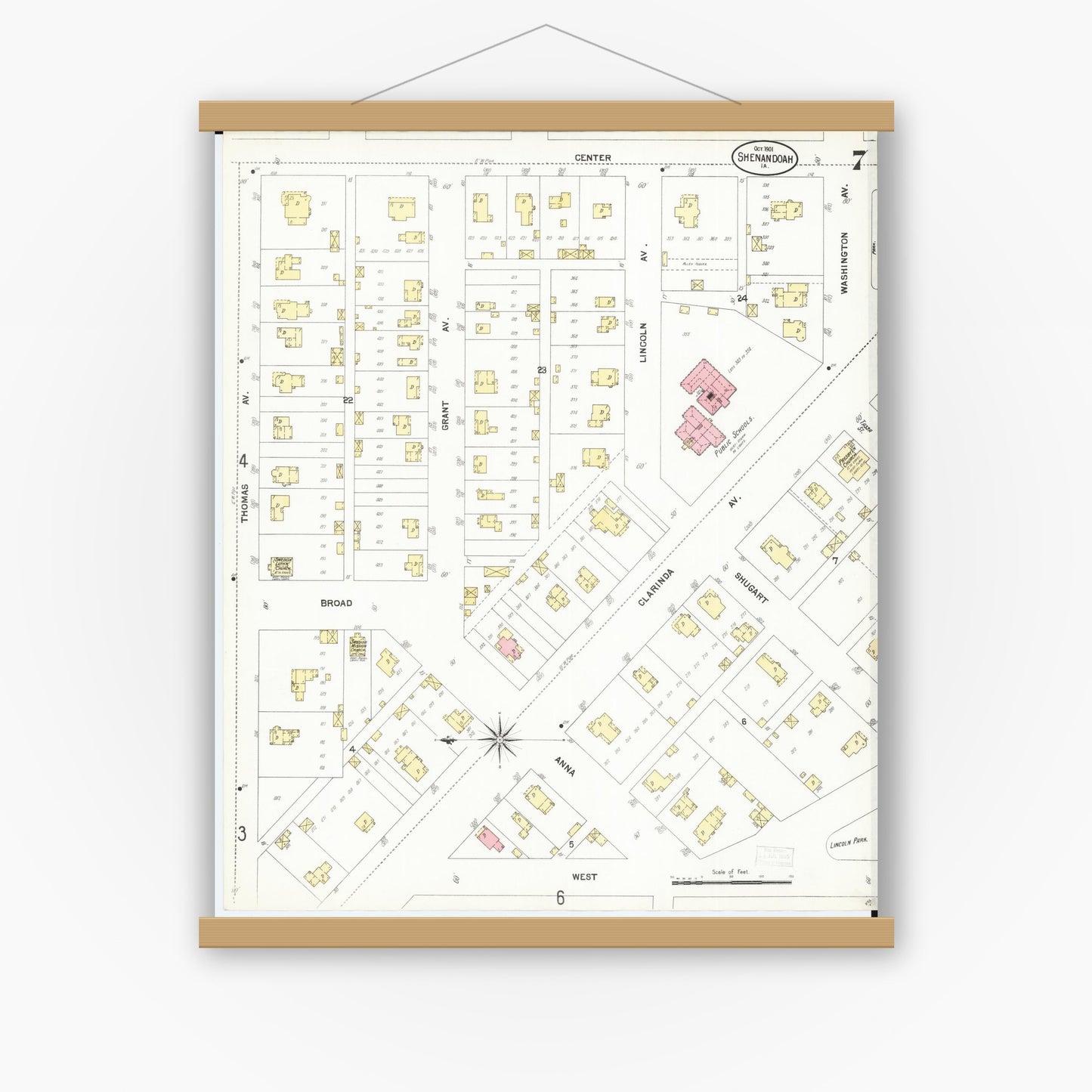 Old map wall art mockup — magnetic wood frame on white wall — Sanborn Fire Insurance Map from Shenandoah, Page County, Iowa (1901), Sheet #0007