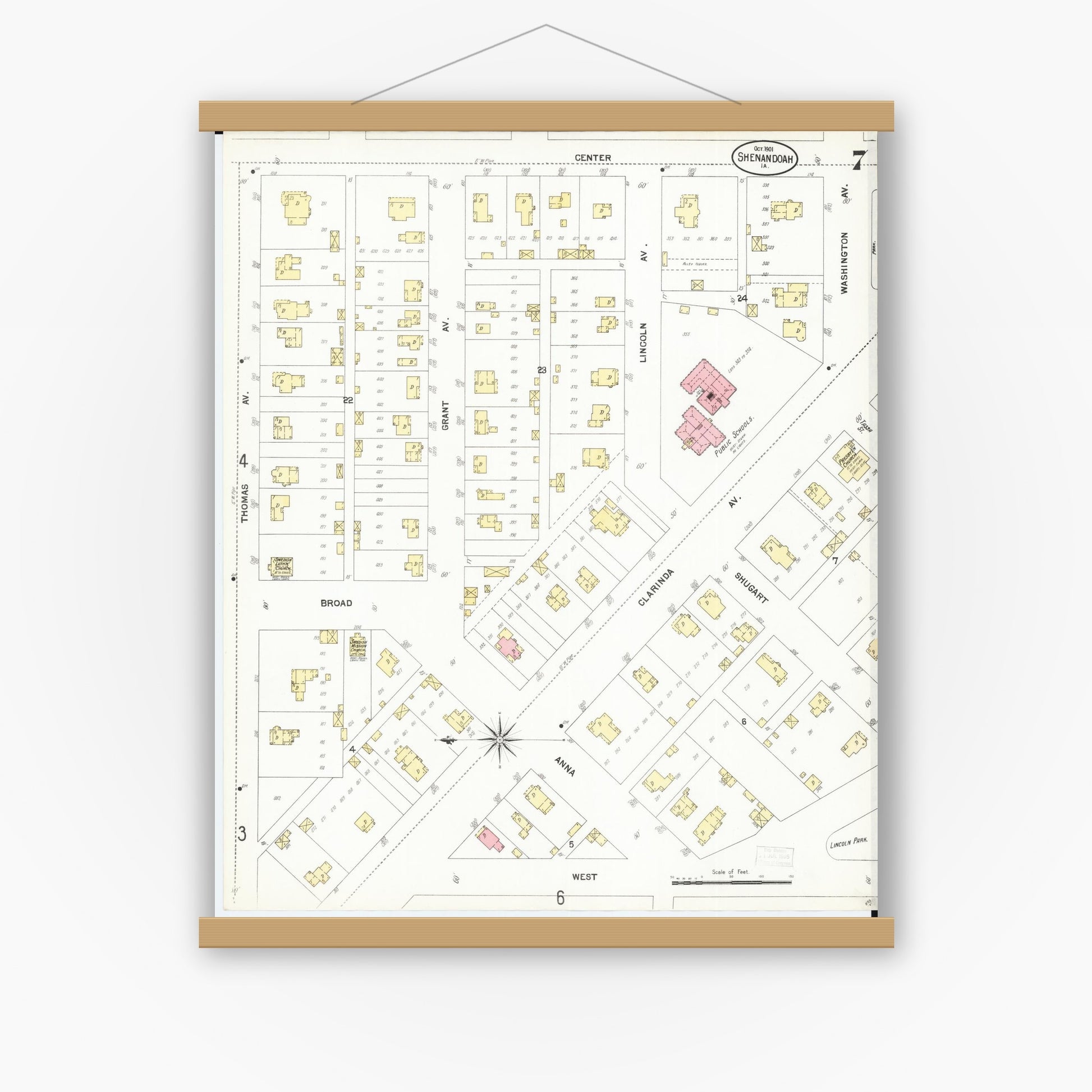 Old map wall art mockup — magnetic wood frame on white wall — Sanborn Fire Insurance Map from Shenandoah, Page County, Iowa (1901), Sheet #0007