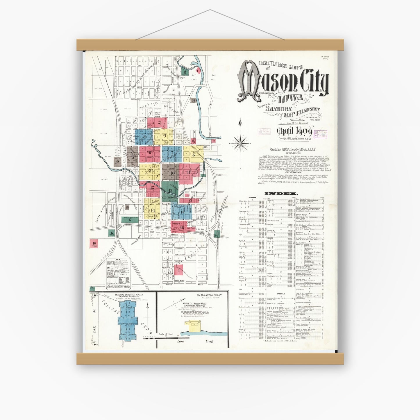 Old map wall art mockup — magnetic wood frame on white wall — Sanborn Fire Insurance Map from Mason City, Cerro Gordo County, Iowa (1909) â€” Complete Set