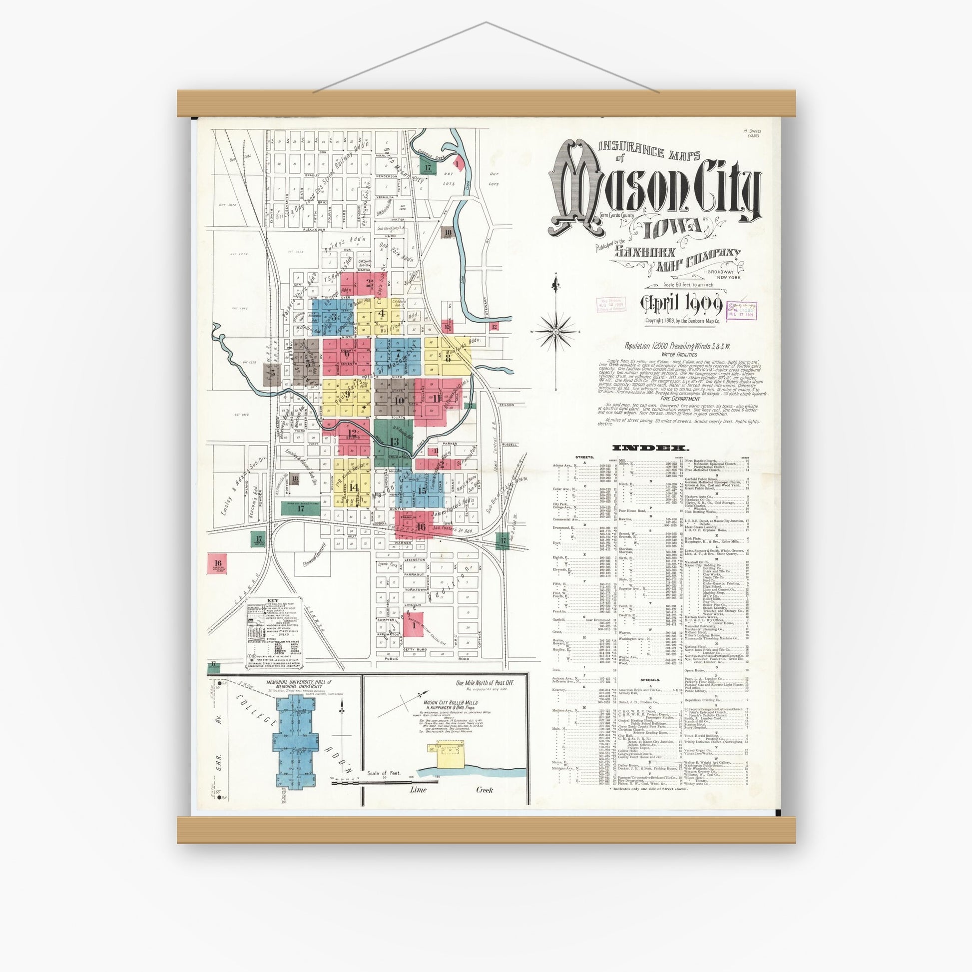 Old map wall art mockup — magnetic wood frame on white wall — Sanborn Fire Insurance Map from Mason City, Cerro Gordo County, Iowa (1909) â€” Complete Set