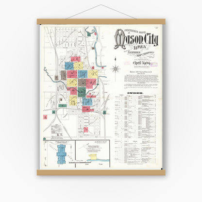 Old map wall art mockup — magnetic wood frame on white wall — Sanborn Fire Insurance Map from Mason City, Cerro Gordo County, Iowa (1909) â€” Complete Set