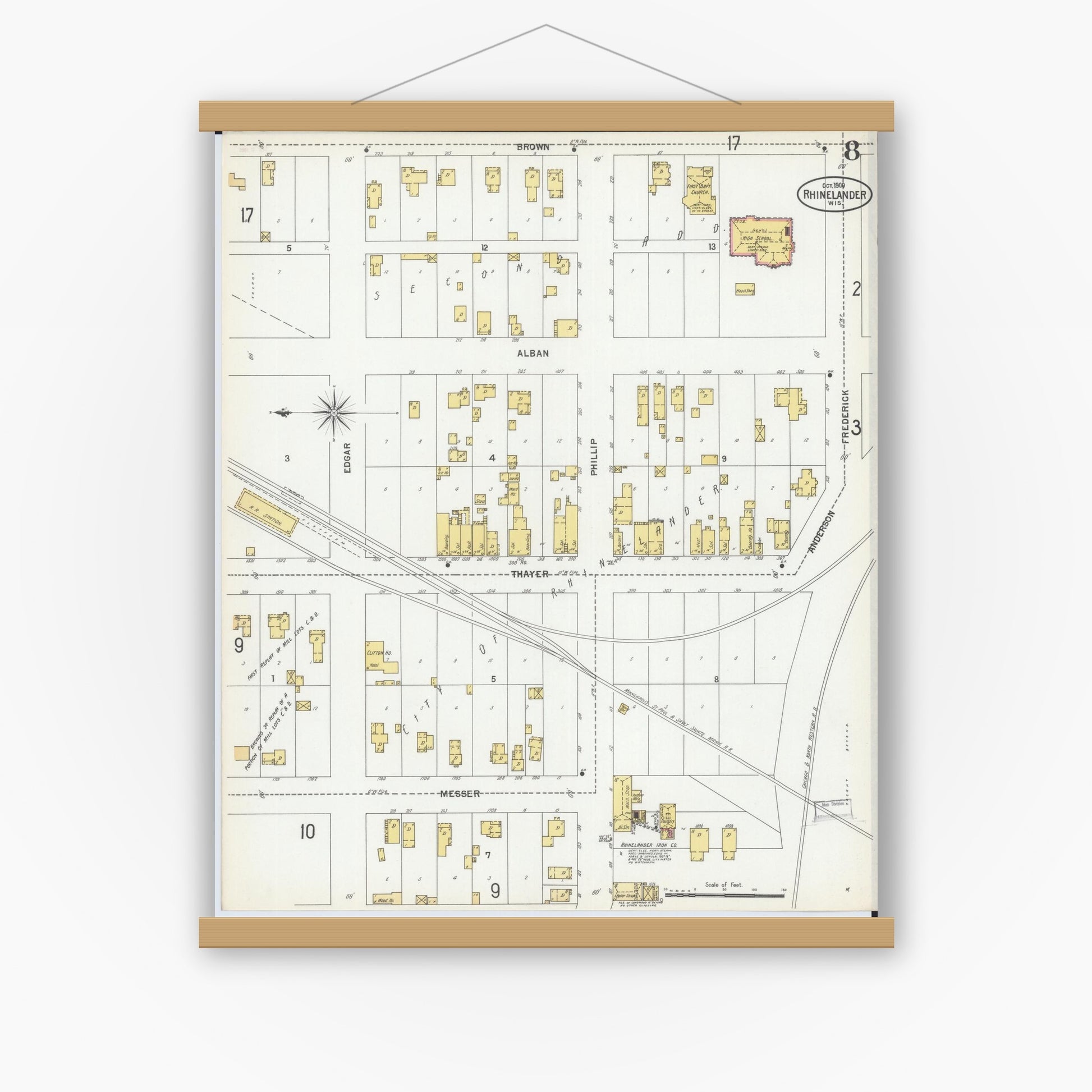 Old map wall art mockup — magnetic wood frame on white wall — Sanborn Fire Insurance Map from Rhinelander, Oneida County, Wisconsin (1900), Sheet #0008