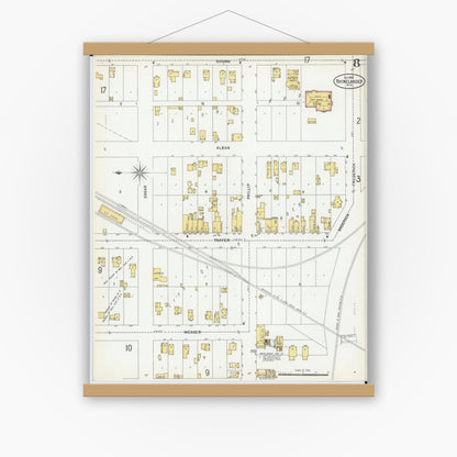 Old map wall art mockup — magnetic wood frame on white wall — Sanborn Fire Insurance Map from Rhinelander, Oneida County, Wisconsin (1900), Sheet #0008