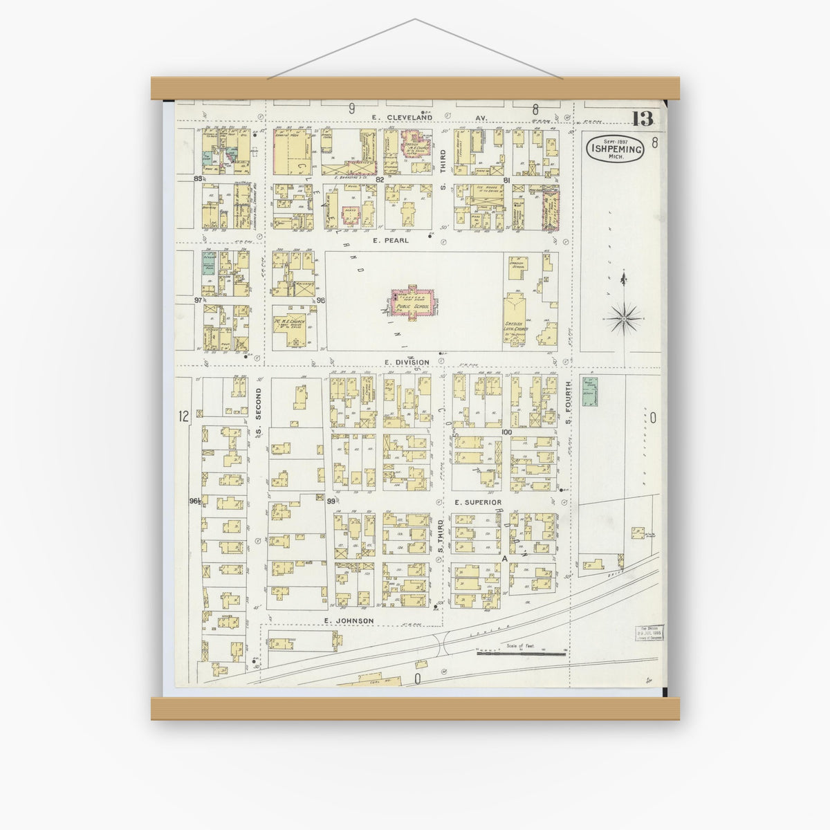 Old map wall art mockup — magnetic wood frame on white wall — Sanborn Fire Insurance Map from Ishpeming, Marquette County, Michigan (1897), Sheet #0013