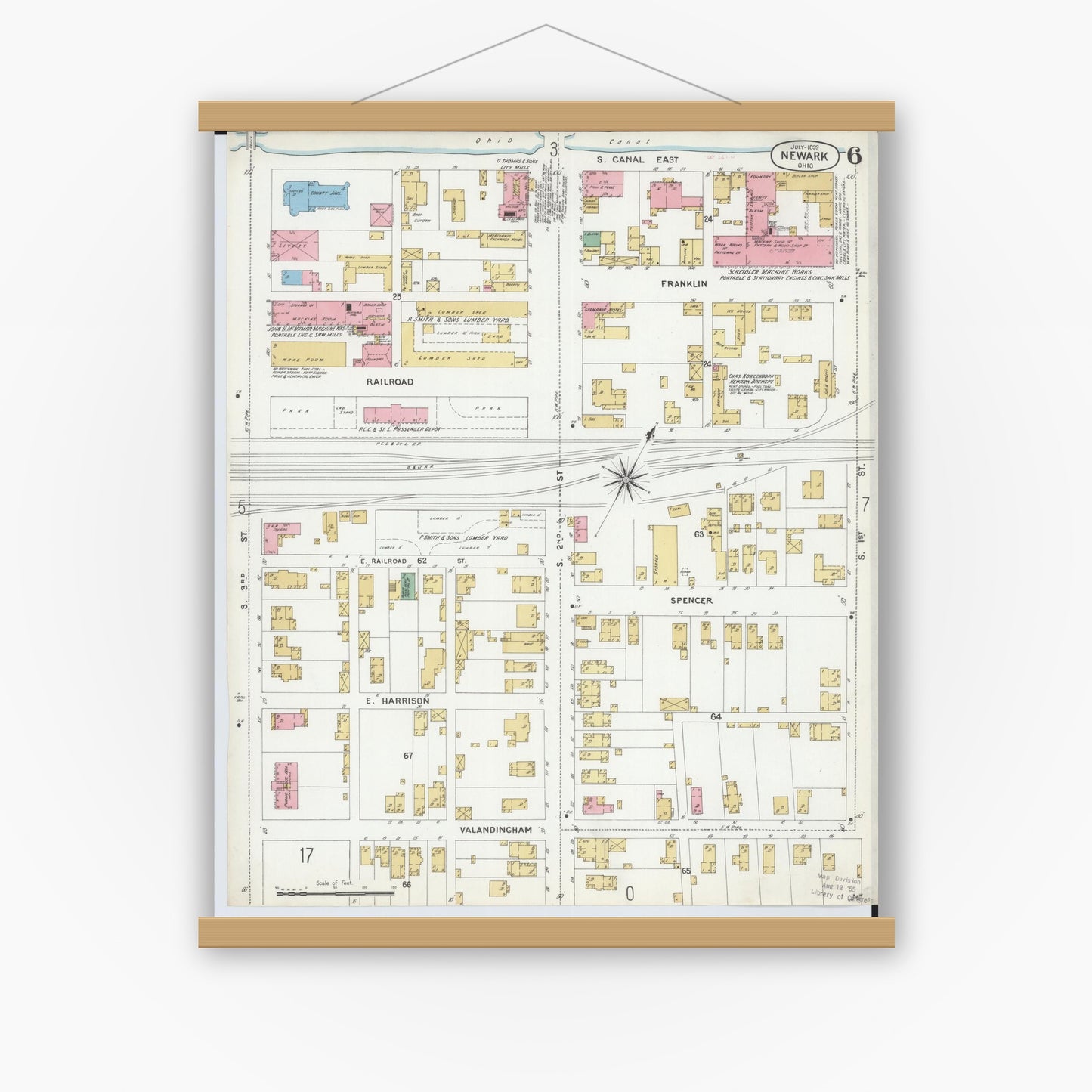 Old map wall art mockup — magnetic wood frame on white wall — Sanborn Fire Insurance Map from Newark, Licking County, Ohio (1899), Sheet #0006