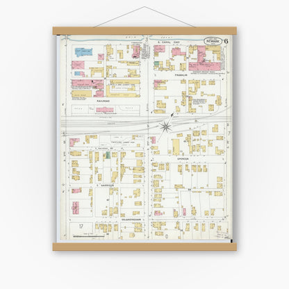 Old map wall art mockup — magnetic wood frame on white wall — Sanborn Fire Insurance Map from Newark, Licking County, Ohio (1899), Sheet #0006