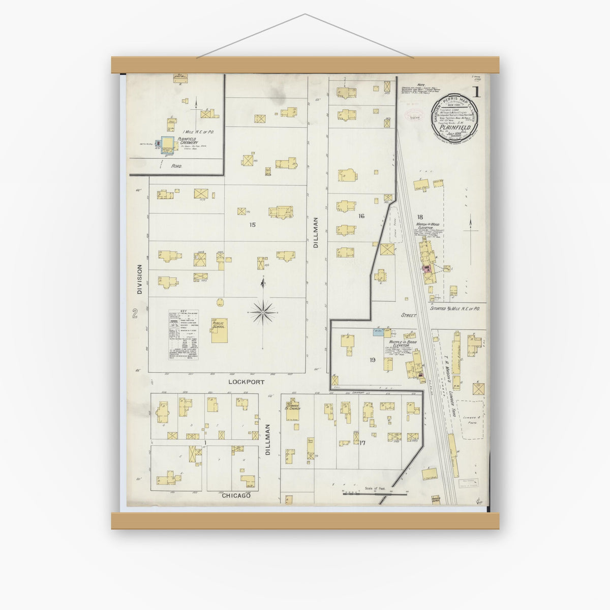 Old map wall art mockup — magnetic wood frame on white wall — Sanborn Fire Insurance Map from Plainfield, Will County, Illinois (1893) - Complete Map Set