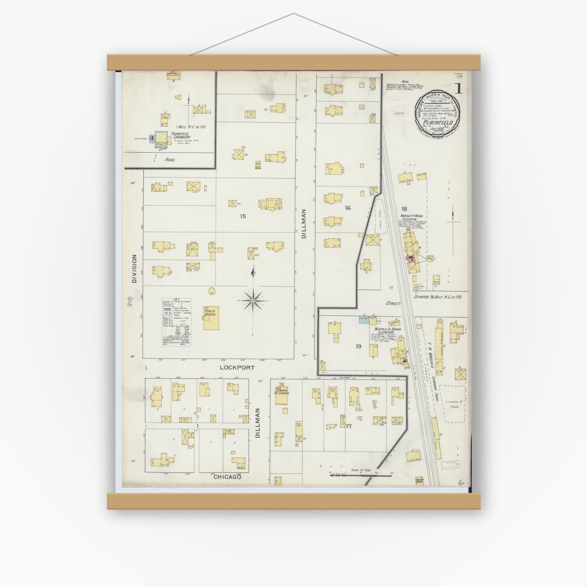 Old map wall art mockup — magnetic wood frame on white wall — Sanborn Fire Insurance Map from Plainfield, Will County, Illinois (1893) - Complete Map Set
