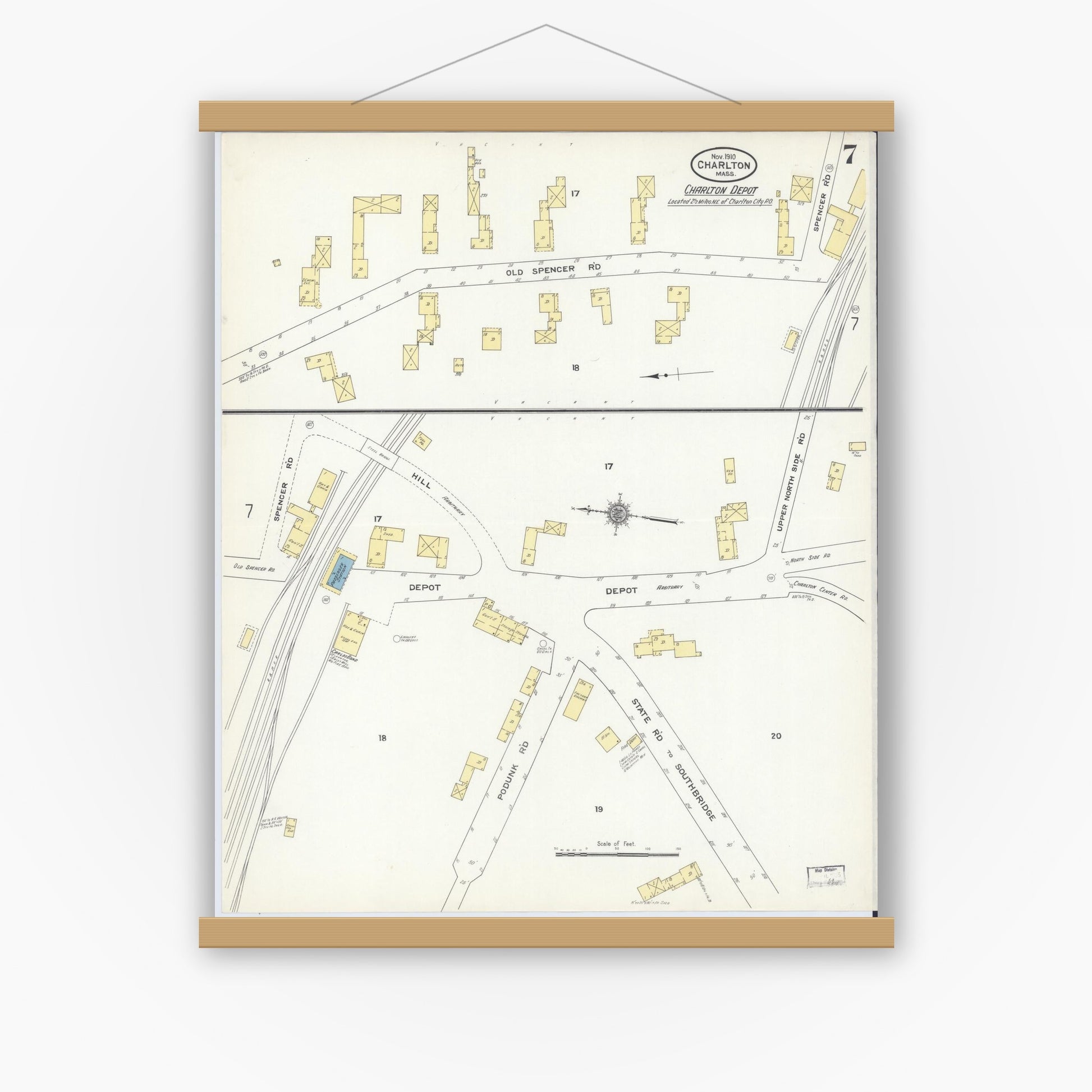 Old map wall art mockup — magnetic wood frame on white wall — Sanborn Fire Insurance Map from Charlton, Worcester County, Massachusetts (1910), Sheet #0007