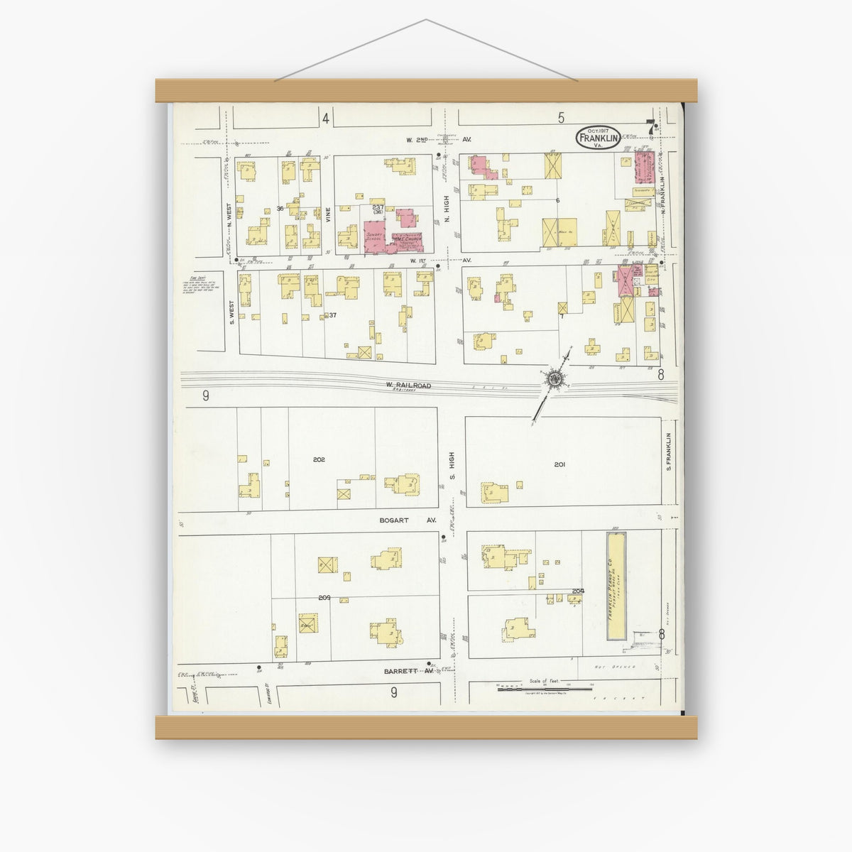 Old map wall art mockup — magnetic wood frame on white wall — Sanborn Fire Insurance Map from Franklin, Independent Cities, Virginia (1917), Sheet #0007