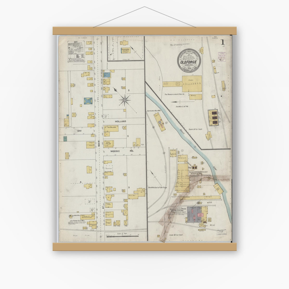 Old map wall art mockup — magnetic wood frame on white wall — Sanborn Fire Insurance Map from Old Forge, Luzerne County, Pennsylvania (1903), Sheet #0001