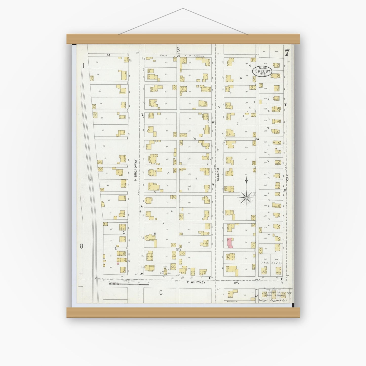 Old map wall art mockup — magnetic wood frame on white wall — Sanborn Fire Insurance Map from Shelby, Richland County, Ohio (1899), Sheet #0007