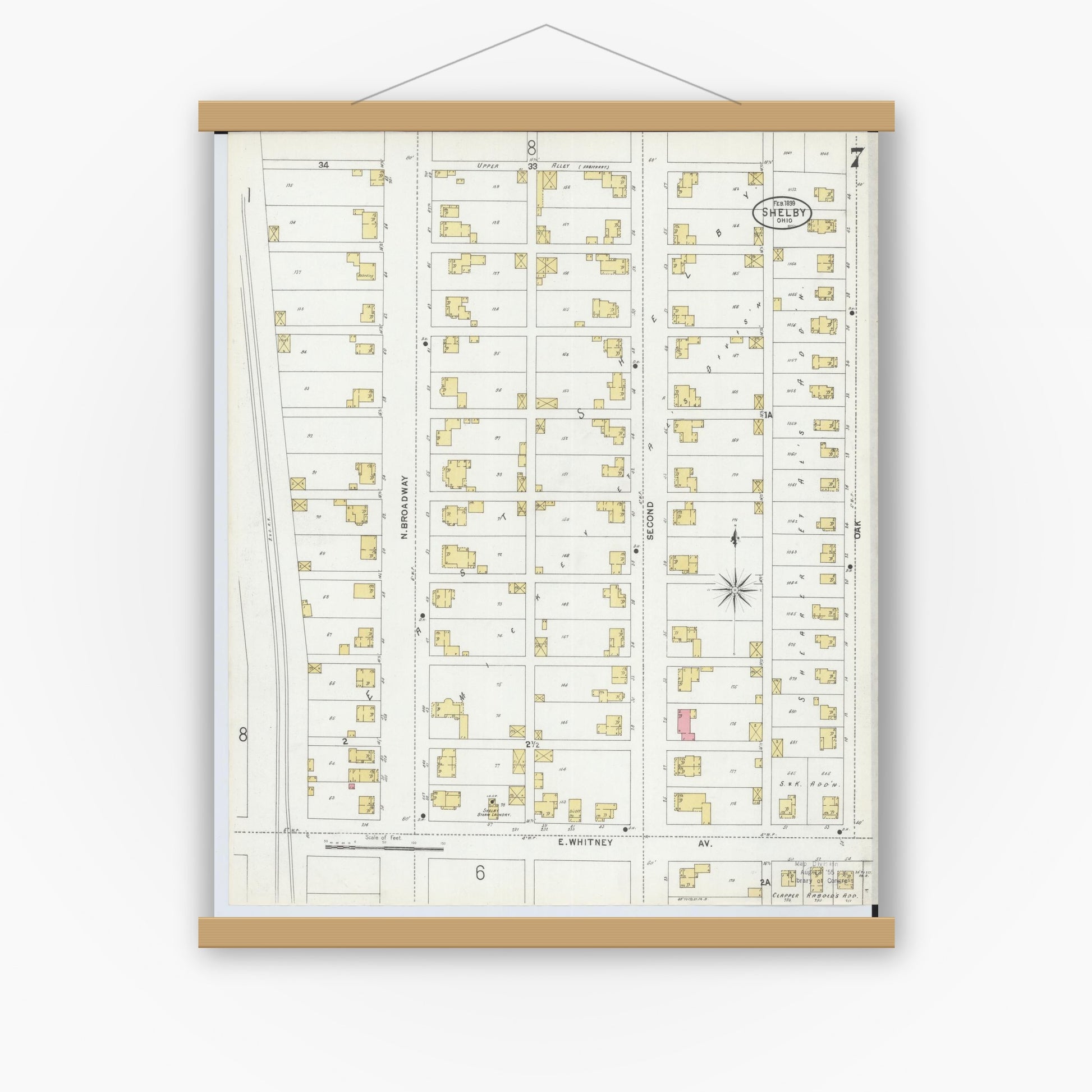 Old map wall art mockup — magnetic wood frame on white wall — Sanborn Fire Insurance Map from Shelby, Richland County, Ohio (1899), Sheet #0007