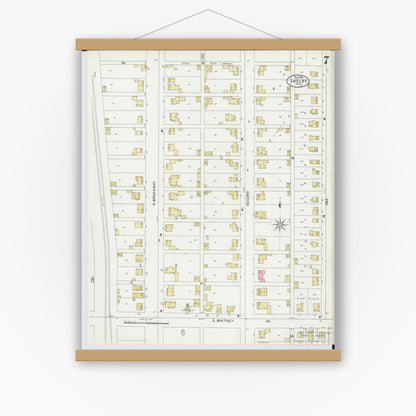 Old map wall art mockup — magnetic wood frame on white wall — Sanborn Fire Insurance Map from Shelby, Richland County, Ohio (1899), Sheet #0007