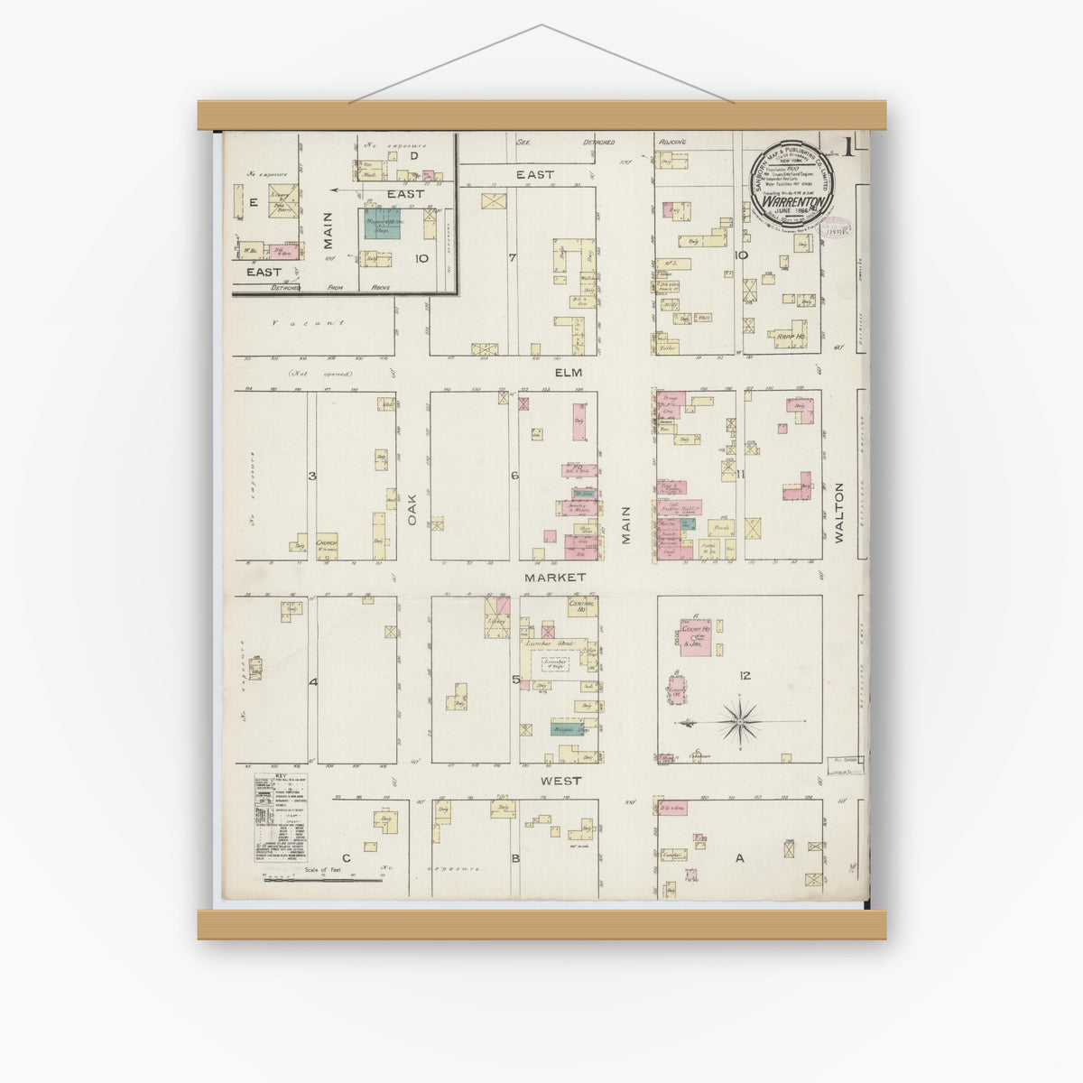 Old map wall art mockup — magnetic wood frame on white wall — Sanborn Fire Insurance Map from Warrenton, Warren County, Missouri (1886), Sheet #0001