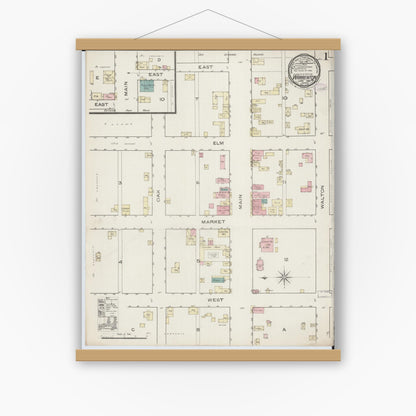 Old map wall art mockup — magnetic wood frame on white wall — Sanborn Fire Insurance Map from Warrenton, Warren County, Missouri (1886), Sheet #0001