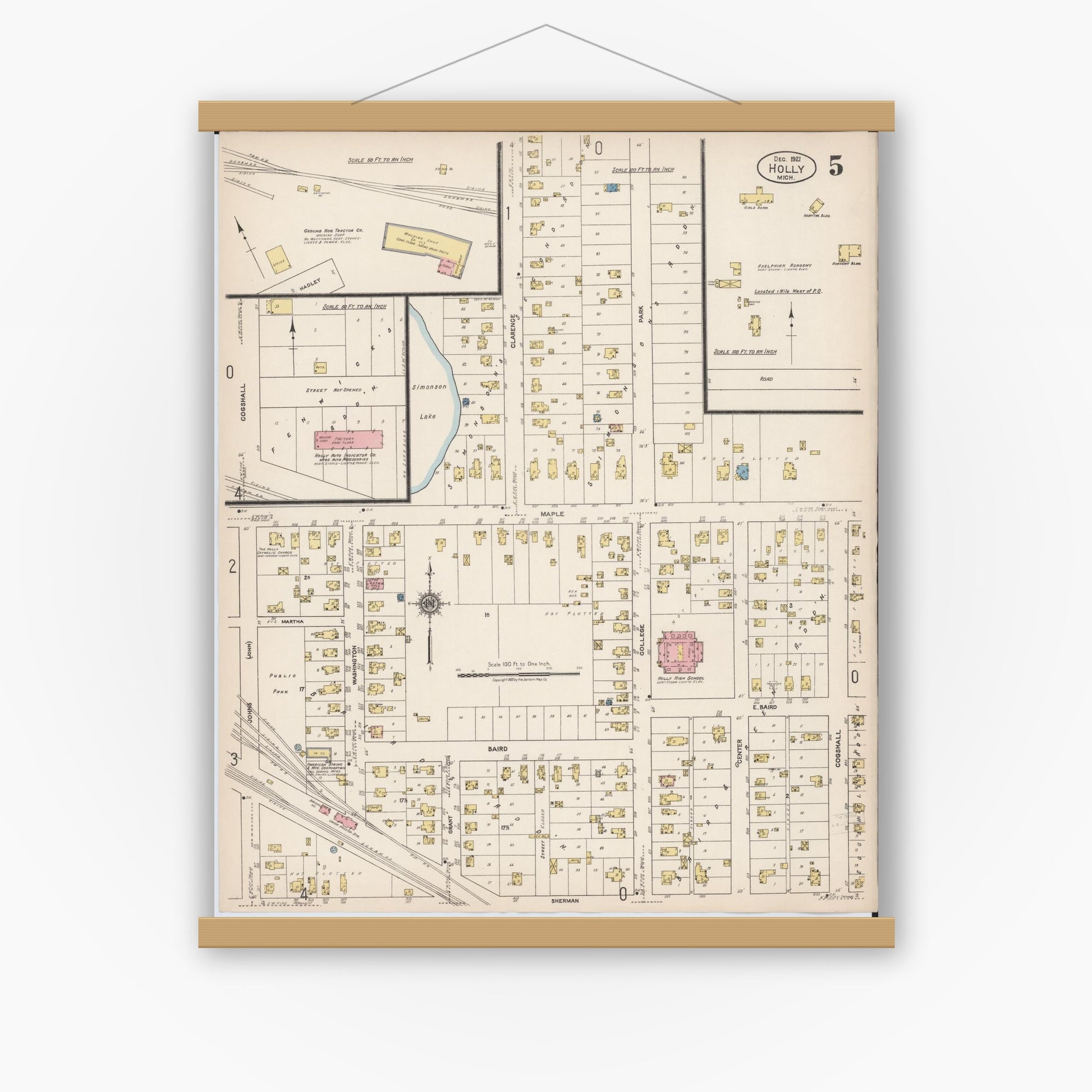 Old map wall art mockup — magnetic wood frame on white wall — Sanborn Fire Insurance Map from Holly, Oakland County, Michigan (1921), Sheet #0005