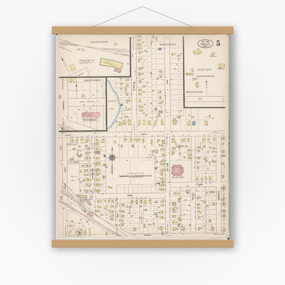 Old map wall art mockup — magnetic wood frame on white wall — Sanborn Fire Insurance Map from Holly, Oakland County, Michigan (1921), Sheet #0005