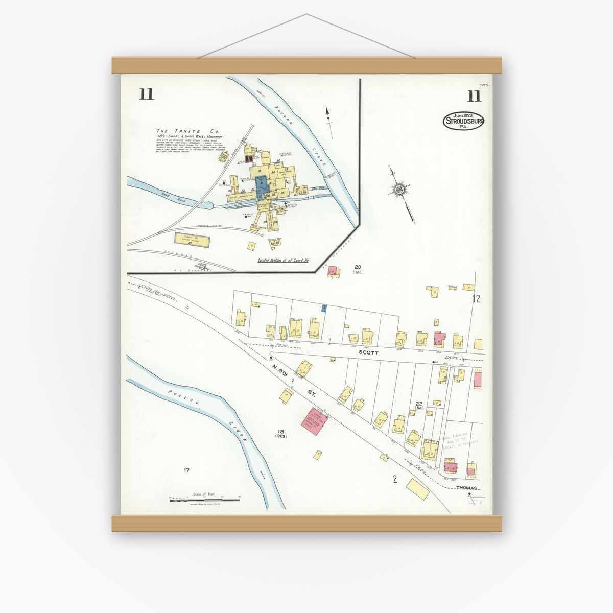 Old map wall art mockup — magnetic wood frame on white wall — Sanborn Fire Insurance Map from Stroudsburg, Monroe County, Pennsylvania (1923), Sheet #0011