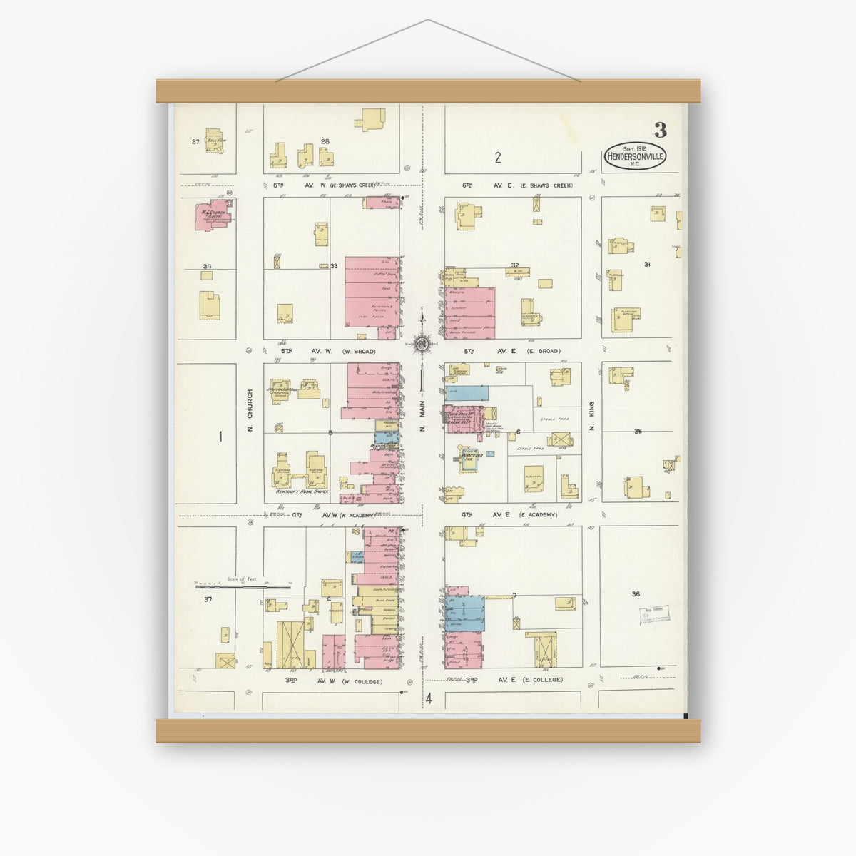 Old map wall art mockup — magnetic wood frame on white wall — Sanborn Fire Insurance Map from Hendersonville, Henderson County, North Carolina (1912), Sheet #0003