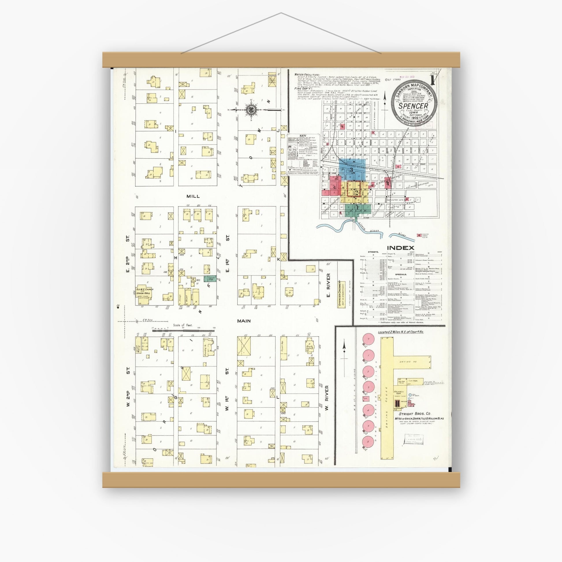 Old map wall art mockup — magnetic wood frame on white wall — Sanborn Fire Insurance Map from Spencer, Clay County, Iowa (1909), Sheet #0001