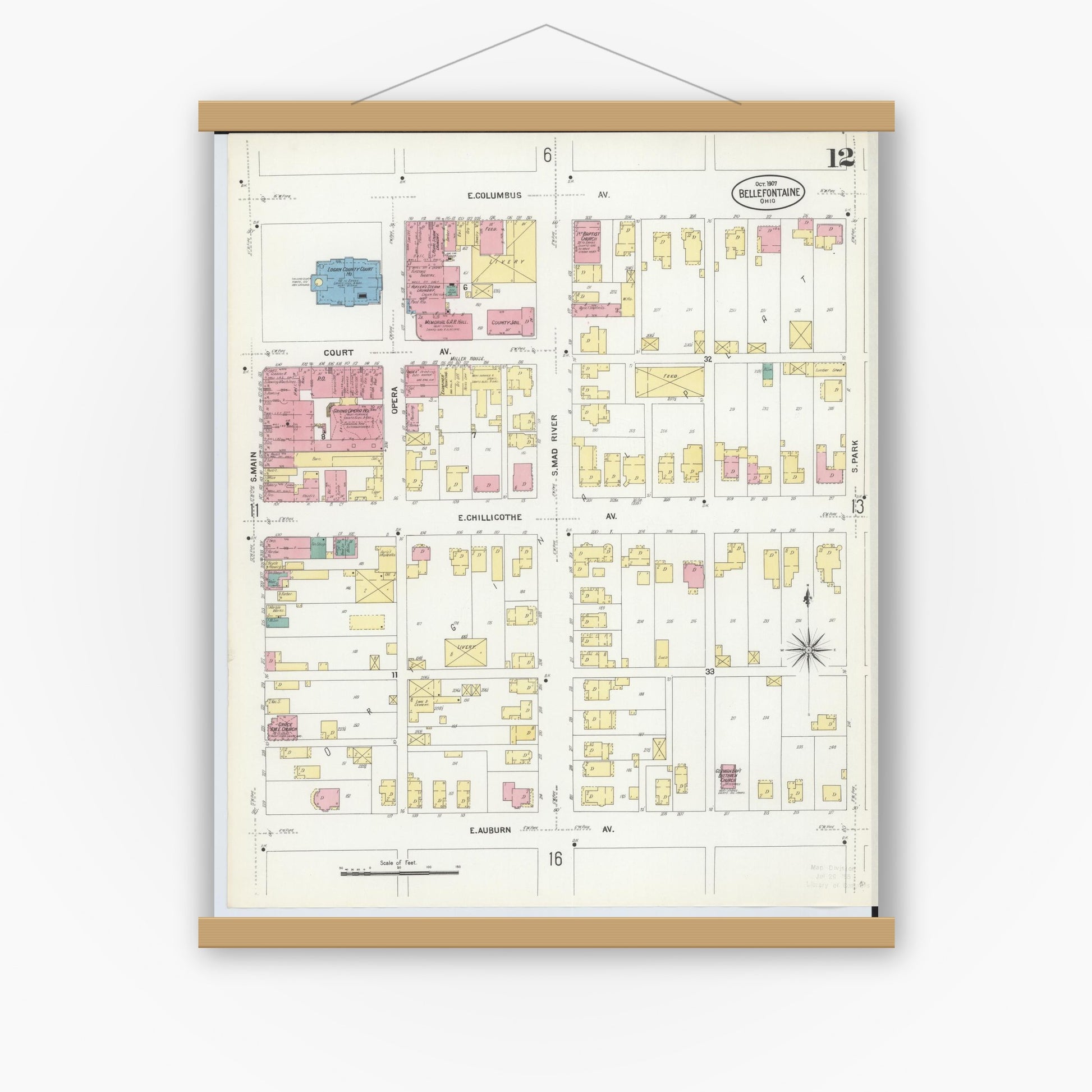 Old map wall art mockup — magnetic wood frame on white wall — Sanborn Fire Insurance Map from Bellefontaine, Logan County, Ohio (1907), Sheet #0012