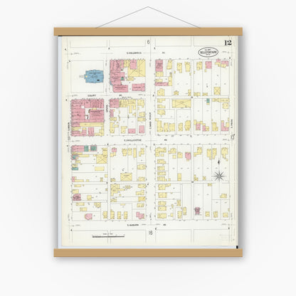 Old map wall art mockup — magnetic wood frame on white wall — Sanborn Fire Insurance Map from Bellefontaine, Logan County, Ohio (1907), Sheet #0012