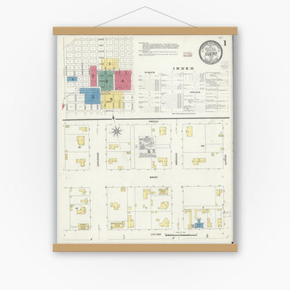 Old map wall art mockup — magnetic wood frame on white wall — Sanborn Fire Insurance Map from Cuero, De Witt County, Texas (1907), Sheet #0001