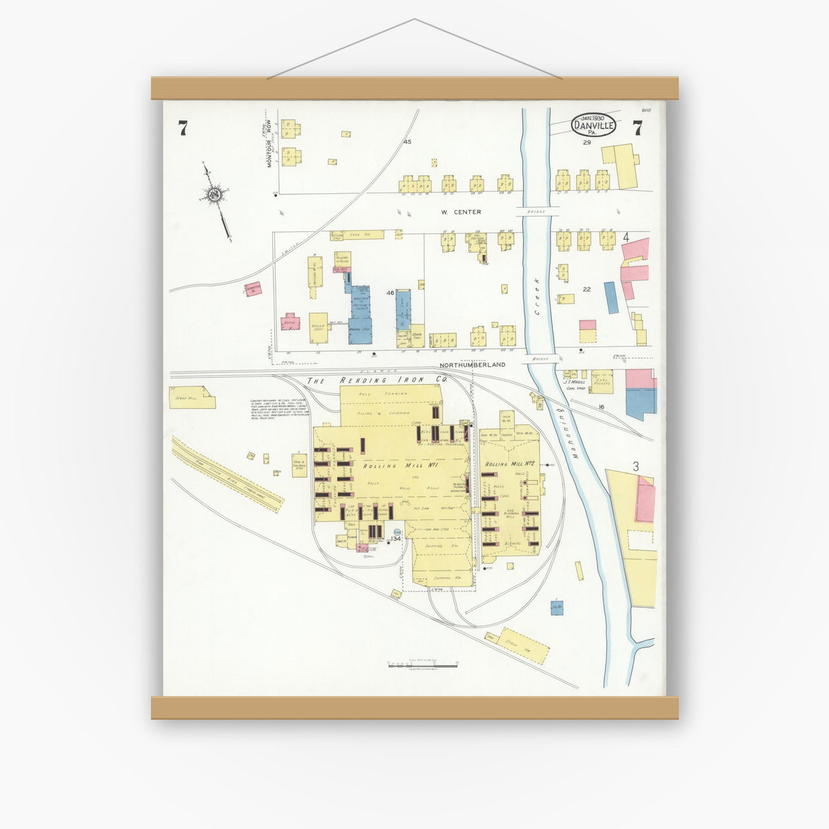 Old map wall art mockup — magnetic wood frame on white wall — Sanborn Fire Insurance Map from Danville, Montour County, Pennsylvania (1930), Sheet #0007
