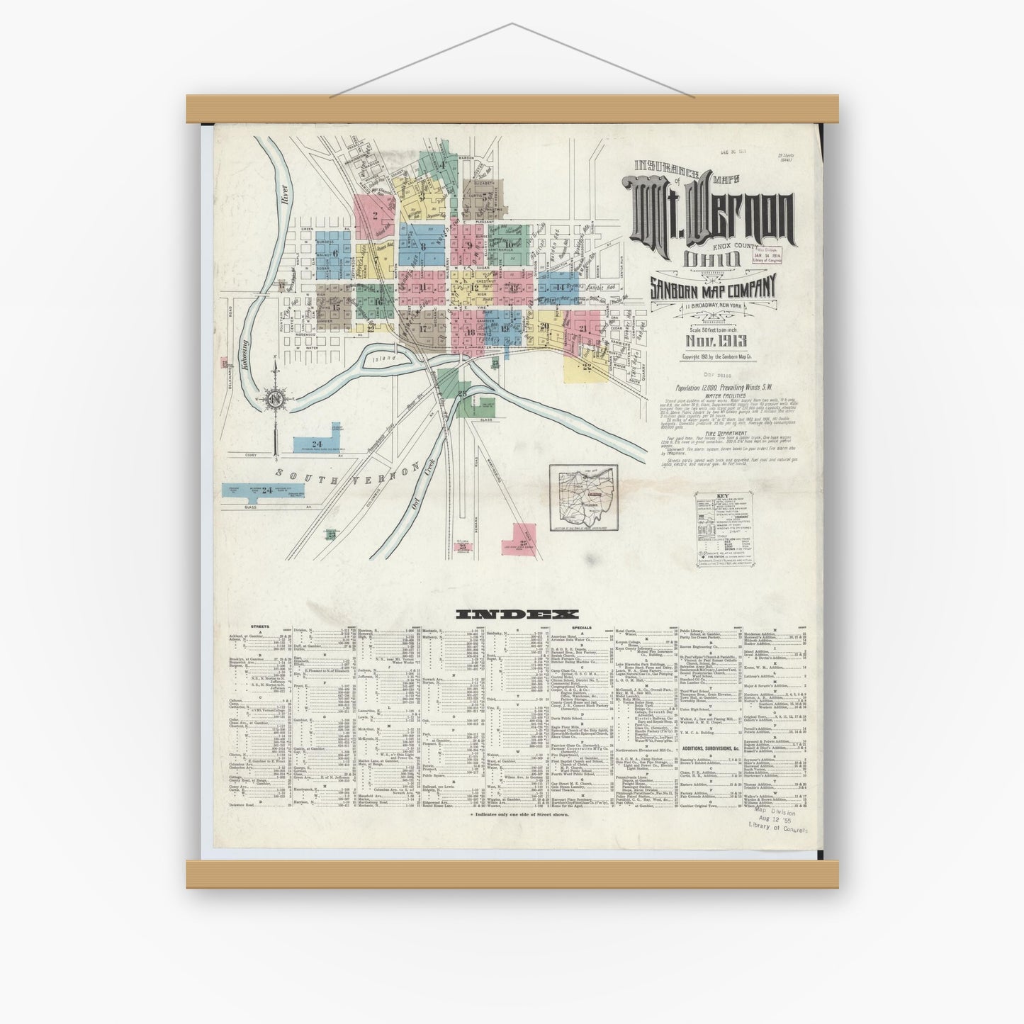 Old map wall art mockup — magnetic wood frame on white wall — Sanborn Fire Insurance Map from Mount Vernon, Knox County, Ohio (1913), Sheet #0001