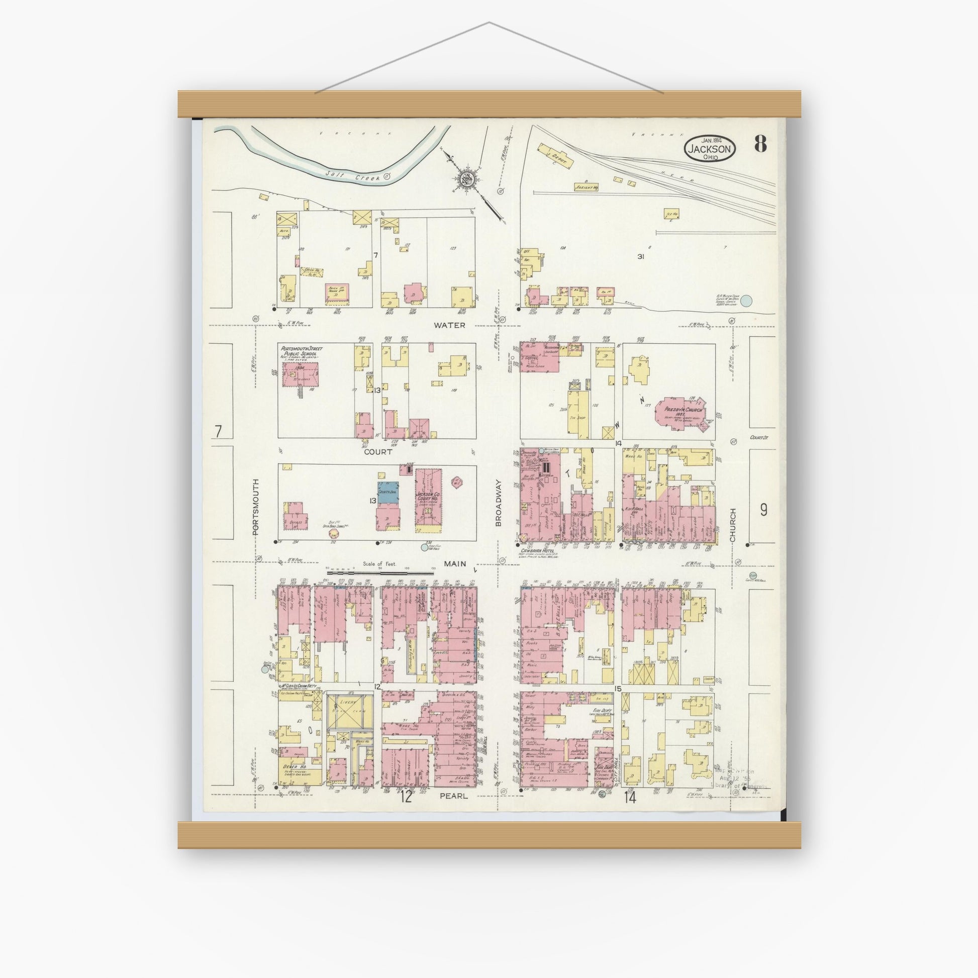 Old map wall art mockup — magnetic wood frame on white wall — Sanborn Fire Insurance Map from Jackson, Jackson County, Ohio (1914), Sheet #0008